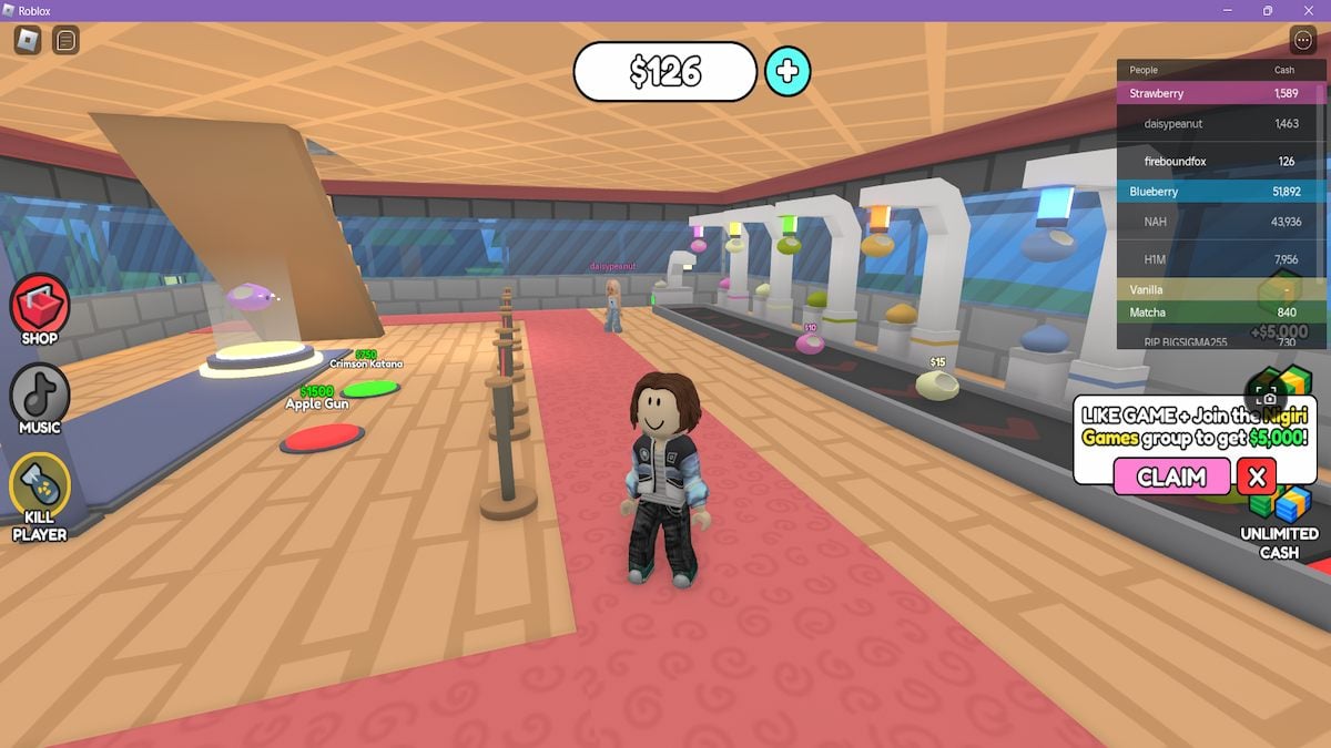 Standing inside a rather sparse mochi restaurant in Mochi Tycoon on Roblox