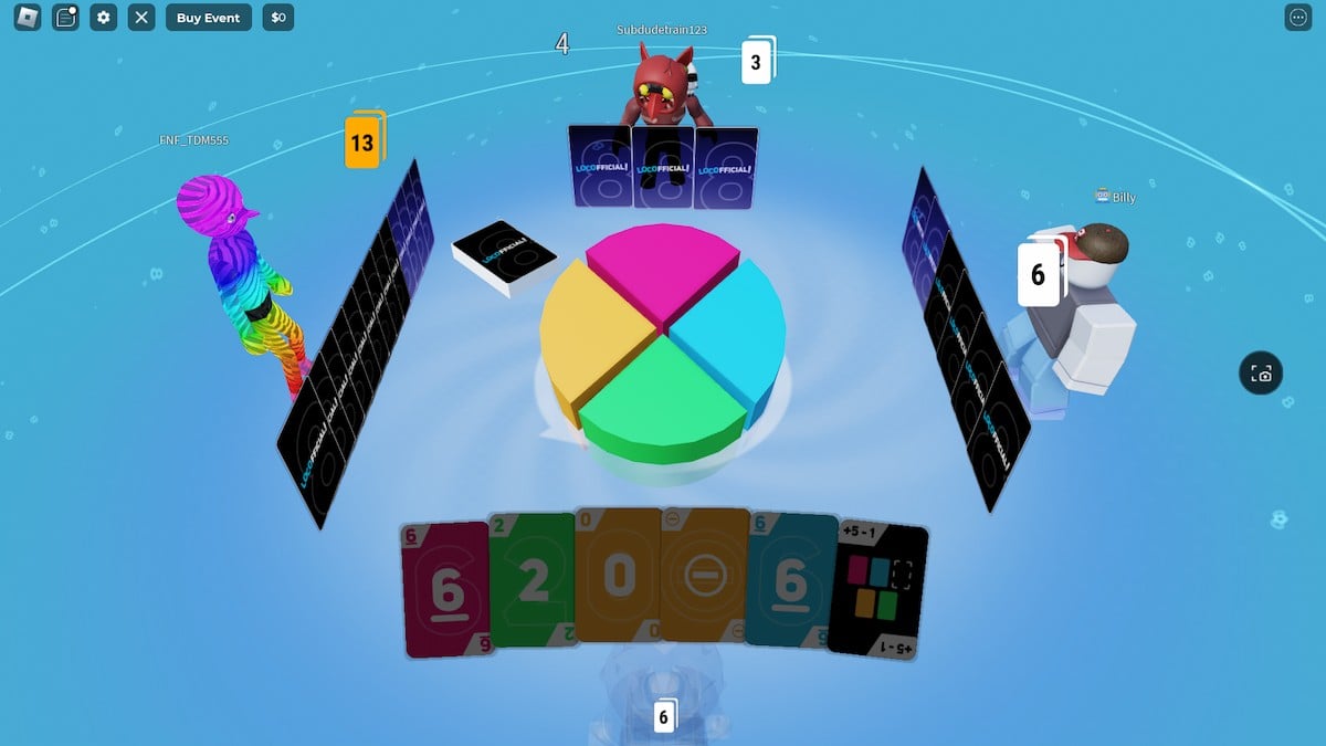 Playing a card game with three other avatars in LOLOfficial on Roblox