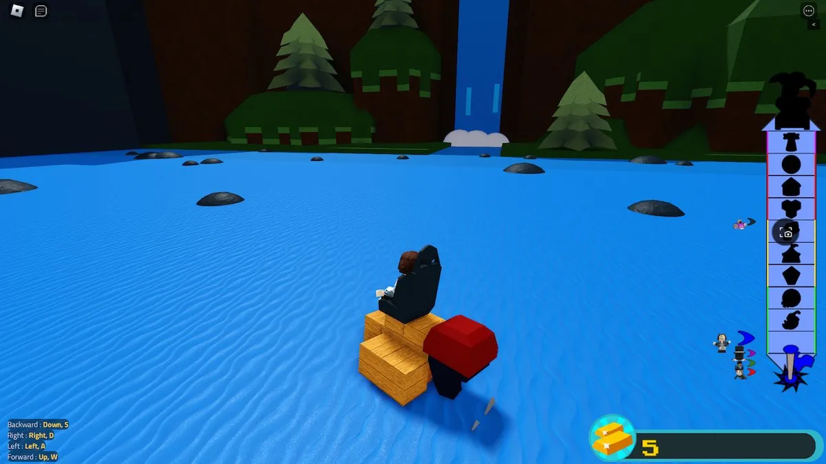 Steering a small boat in Build a Boat for Treasure on Roblox