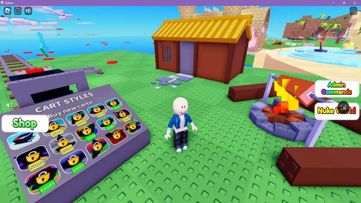 Một avatar đứng bên ngoài căn nhà trong Roblox Cart Ride Tycoon.