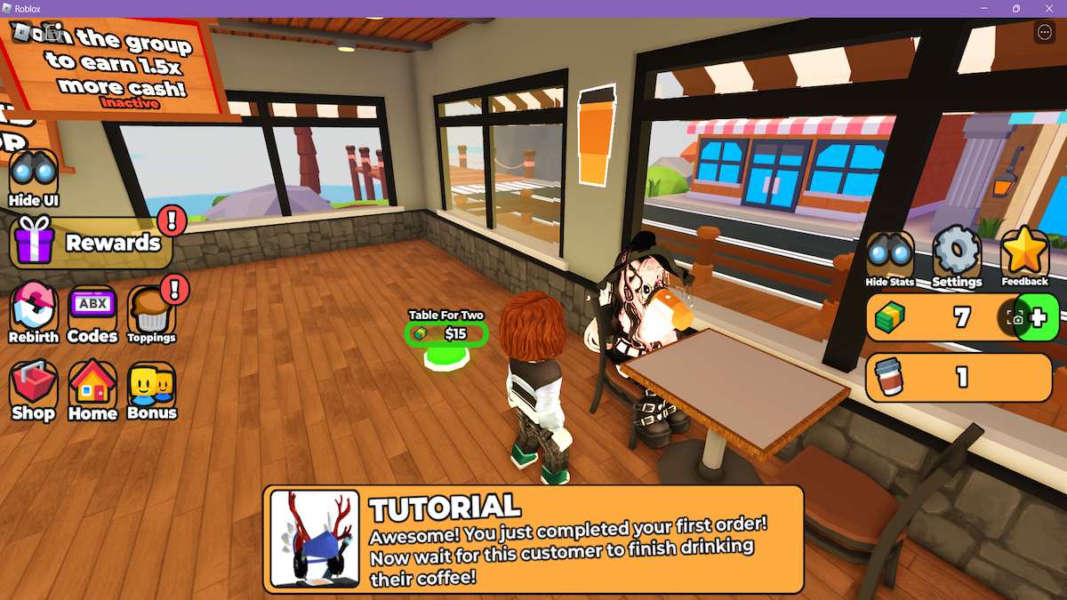 Một avatar đứng gần một người khác đang uống cà phê trong Roblox Coffee Shop Tycoon.