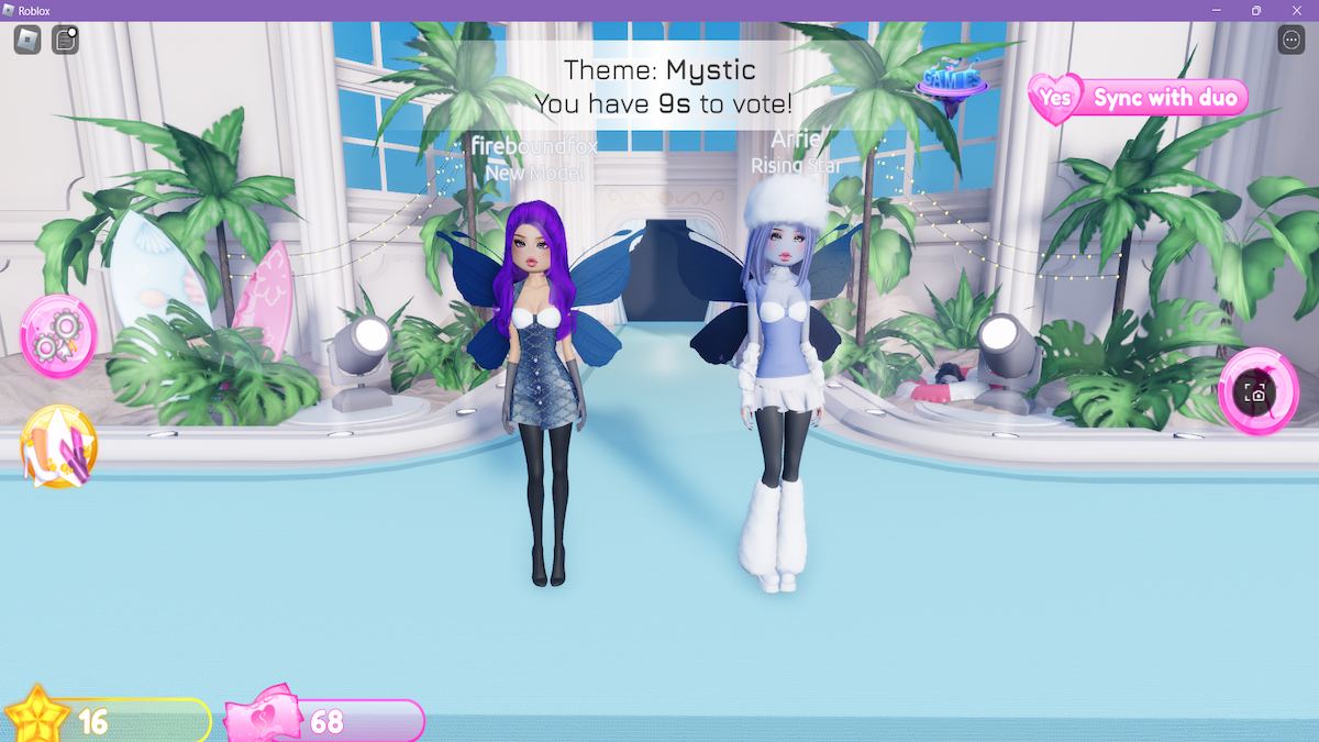 Two fem avatars on the catwalk together in Dress to Impress on Roblox