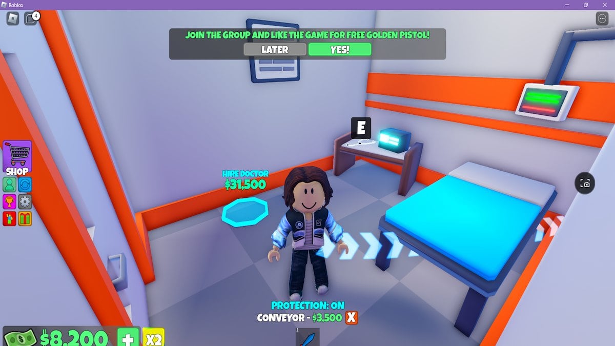 Một avatar đứng trong phòng bệnh nhân ở Roblox Hospital Tycoon.