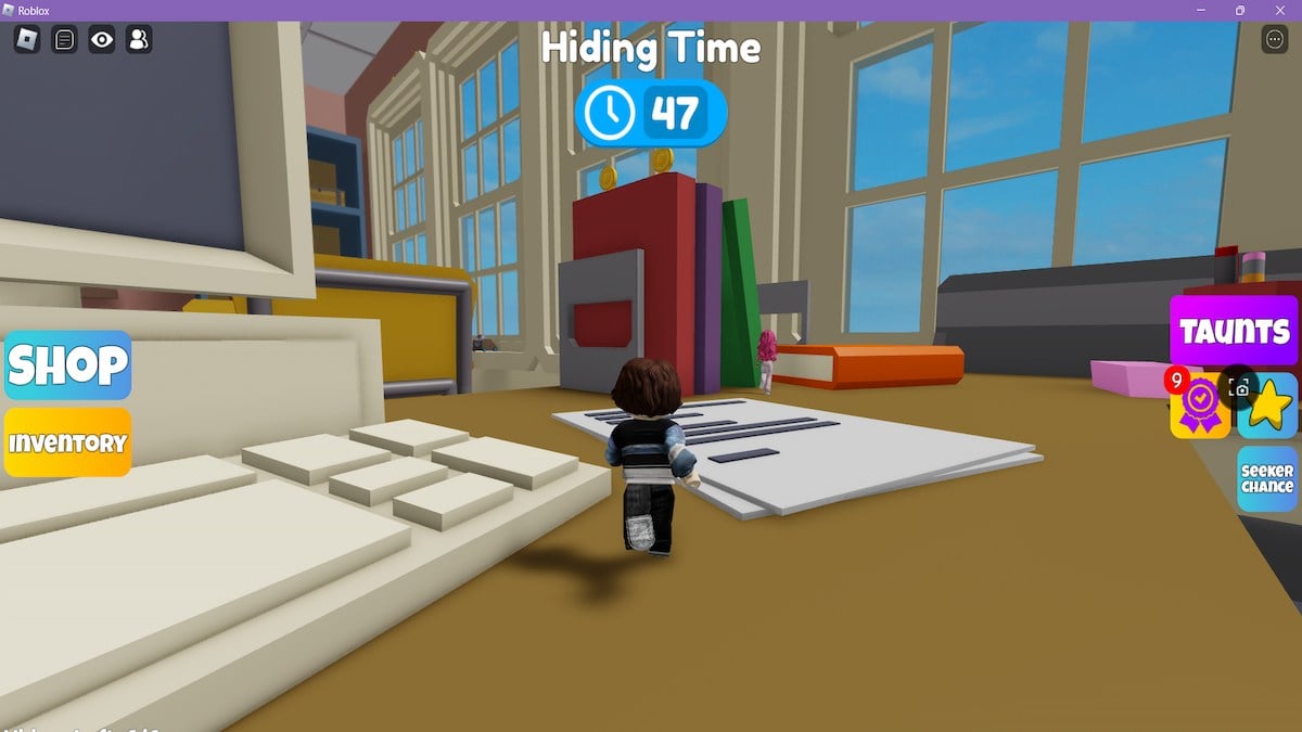 Running over an oversized desk in Mega Hide and Seek on Roblox