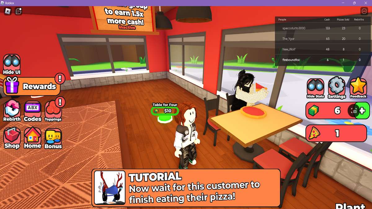 Một avatar đứng gần người khác đang ăn pizza trong Roblox Pizza Restaurant Tycoon.