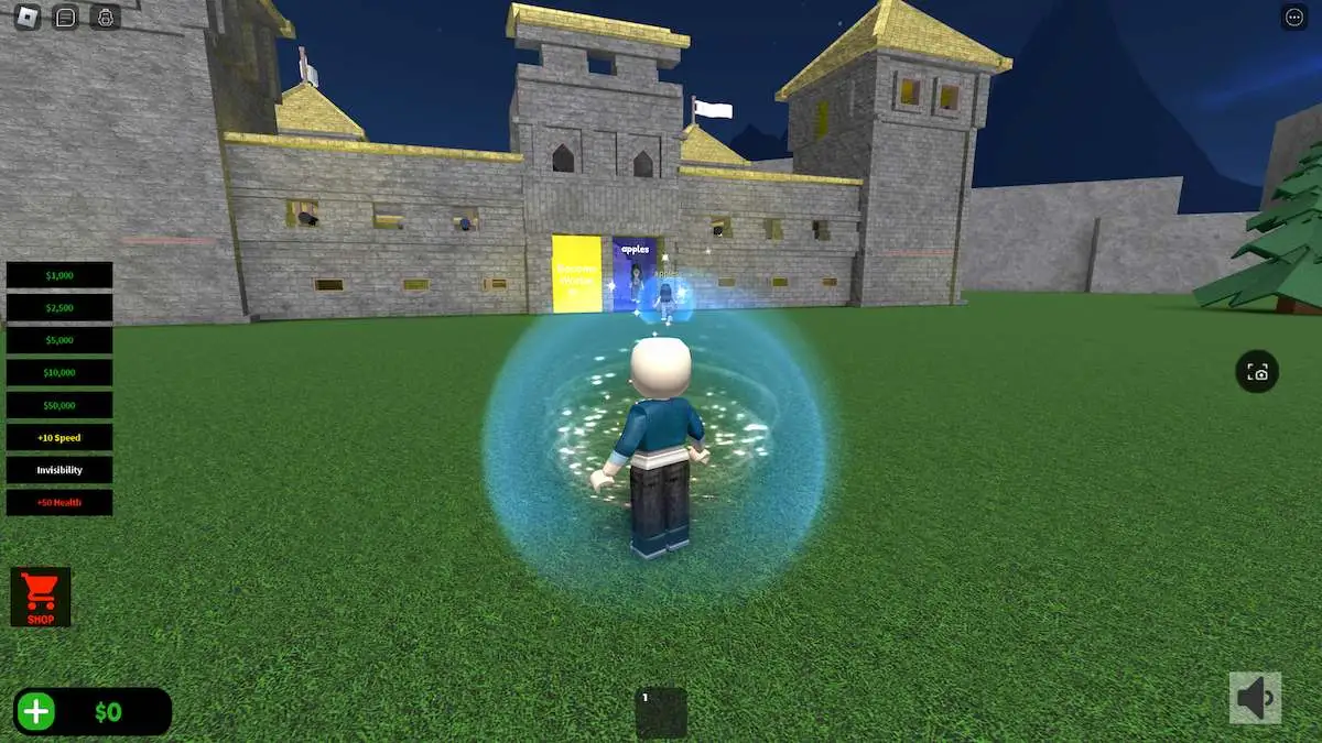 A large castle and two avatars in glowing blue bubbles in Wizard Tycoon on Roblox