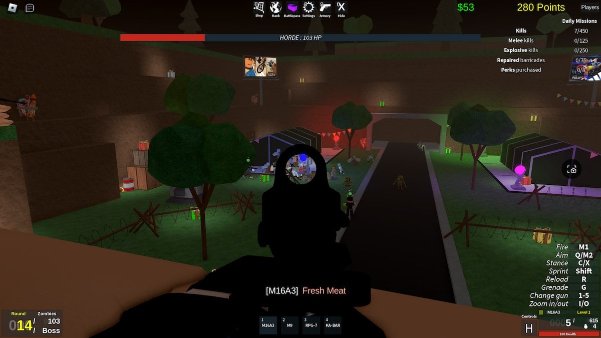 Shooting zombies in Zombie Uprising on Roblox