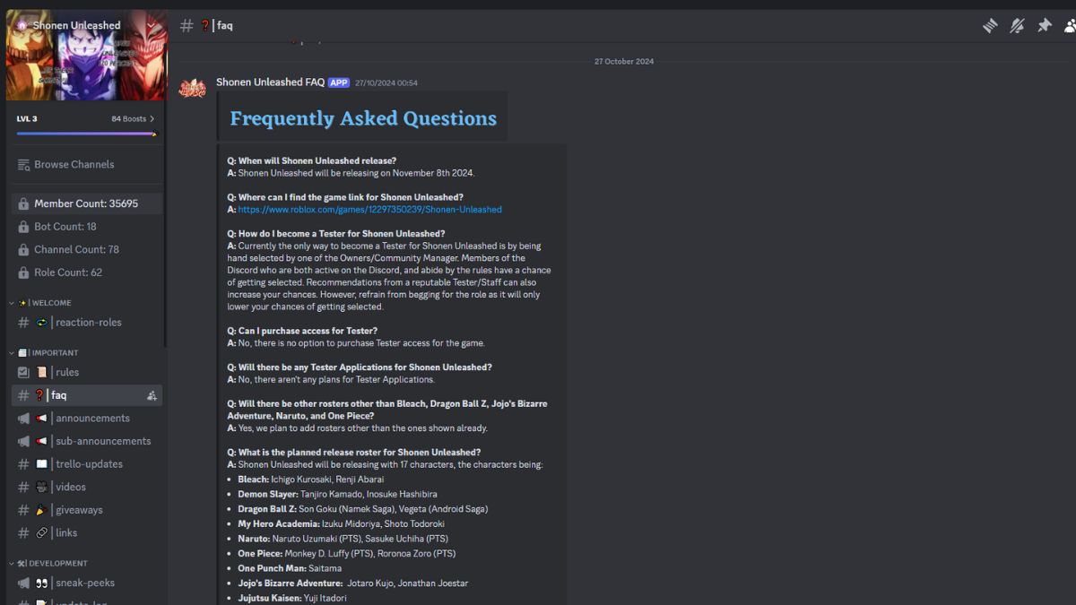 Trang FAQ Discord Shonen Unleashed