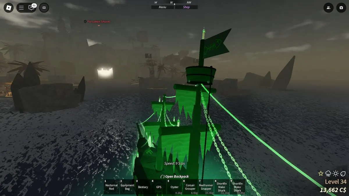 Đi sailing đến Forsaken Shores trong Fisch trên Roblox.