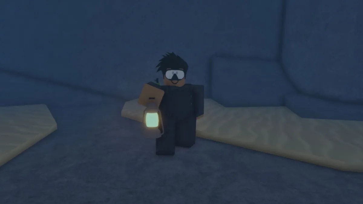 NPC tên là Clarence đứng với một chiếc đèn tại Desolate Pocket trong Roblox Fisch.